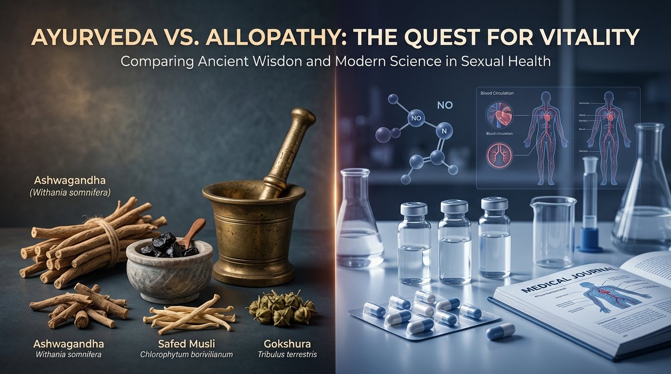 Ayurvedic vs allopathic medicine comparison for sexual health vigor and stamina: Ashwagandha, Shilajit, Safed Musli versus modern PDE5 inhibitors and SSRI medication
