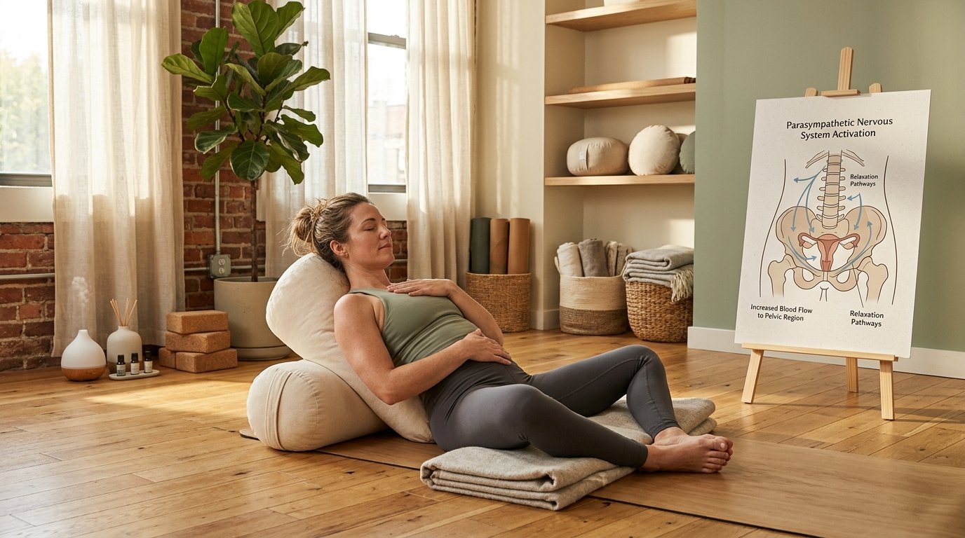 Woman practicing supported Supta Baddha Konasana pose on yoga bolster with pelvic relaxation diagram for fertility
