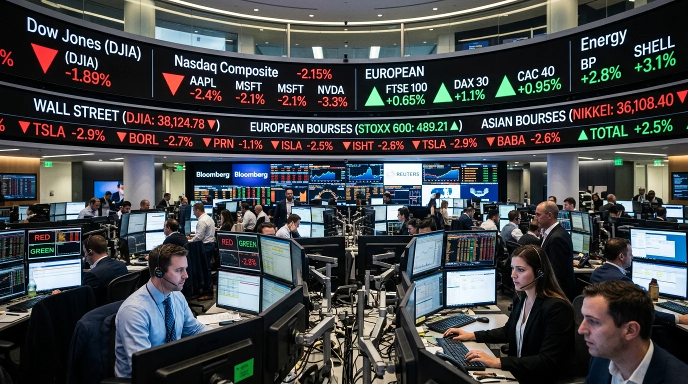 Global Stock Markets Trading Floor Showing Multi-Bourse Indices