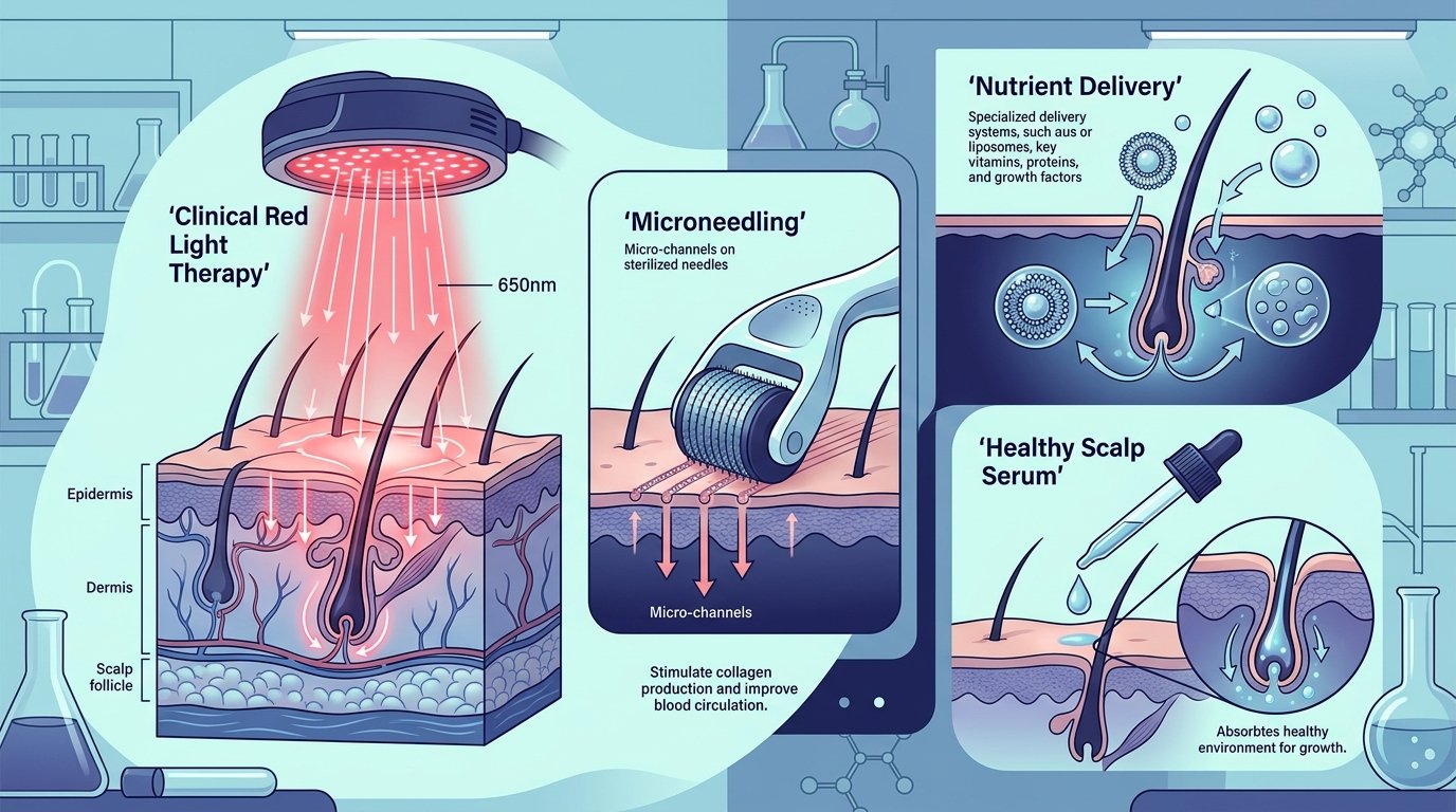 Evidence-Based Hair Restoration & Scalp Therapies Hair Loss Solutions and Scalp Restoration: Clinical Red Light Therapy, Microneedling micro-channels, nutrient delivery, and scalp serum absorption diagram