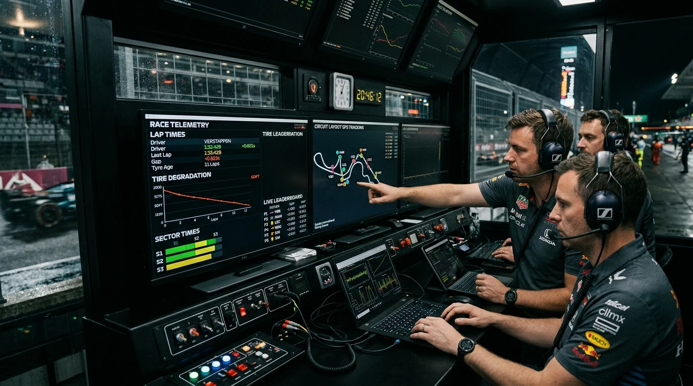 Motorsport Pit Wall Race Engineering Telemetry Station Monitoring Real-Time Lap Times and Degradation Curves