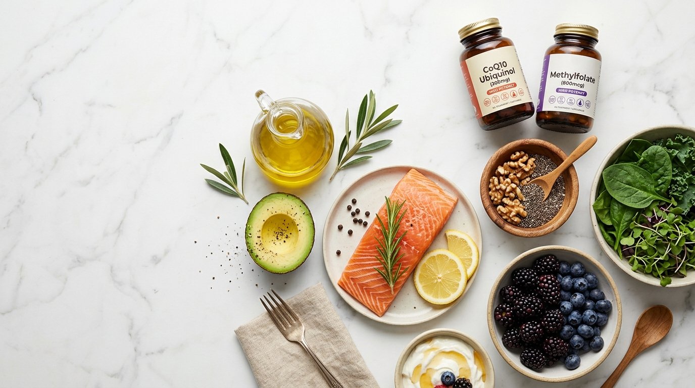 Fertility and egg quality nutrition flatlay featuring wild salmon, avocado, EVOO, berries, walnuts, full-fat yogurt, and CoQ10 Ubiquinol