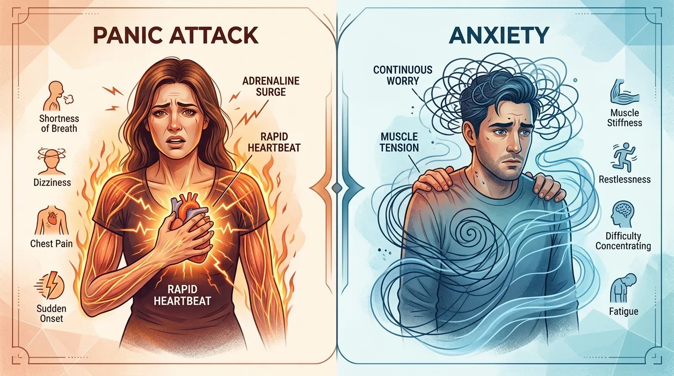 Panic Attack vs Anxiety Symptoms: Adrenaline surge, rapid heartbeat vs continuous worry and muscle tension
