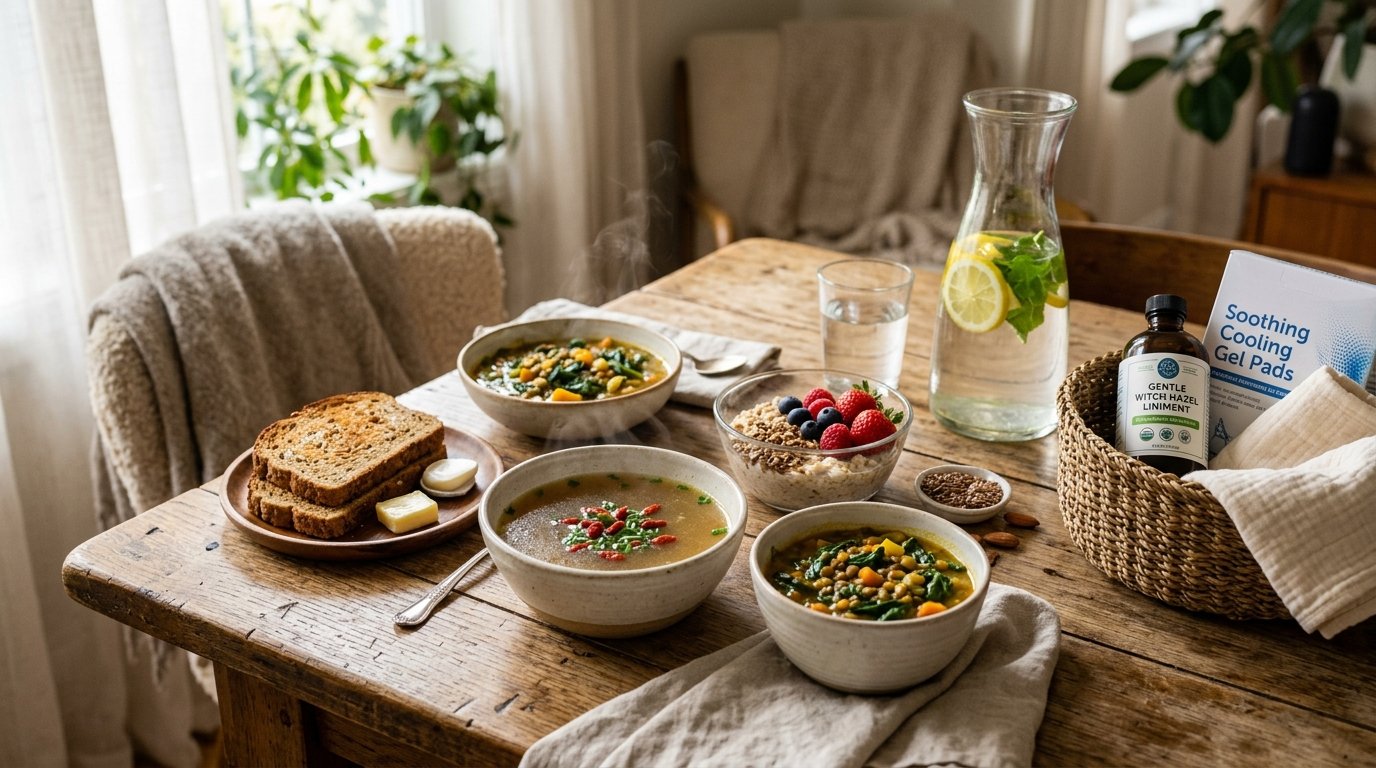 Nutrient-dense postpartum healing diet with warm bone broth, iron-rich lentil spinach soup, whole grains, and soothing maternal recovery care kit