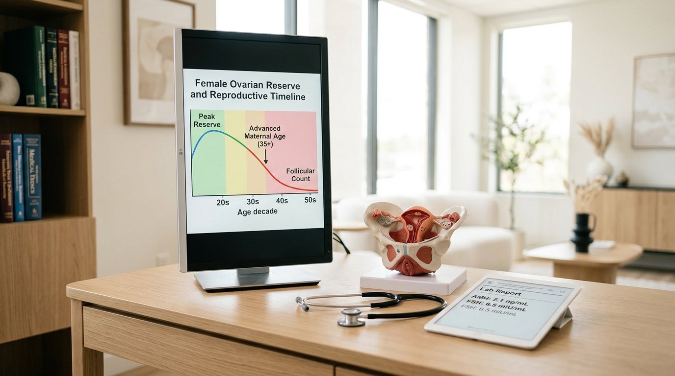 Medical chart illustrating female ovarian reserve and reproductive age timeline across life decades