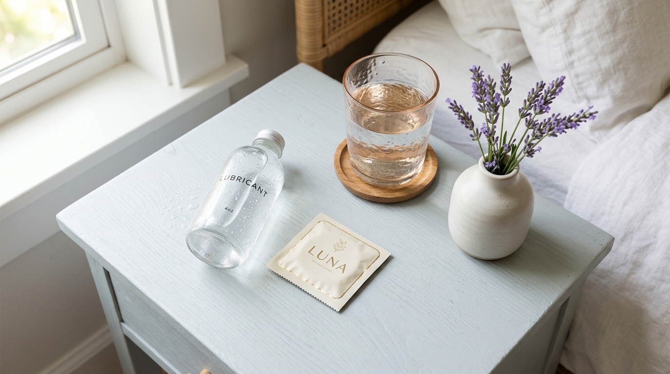 Safe Sex Essentials: Water-Based Lubricant and Condom Protection Intimate wellness essentials including water-based lubricant bottle and protective condom wrapper on minimalist wooden nightstand