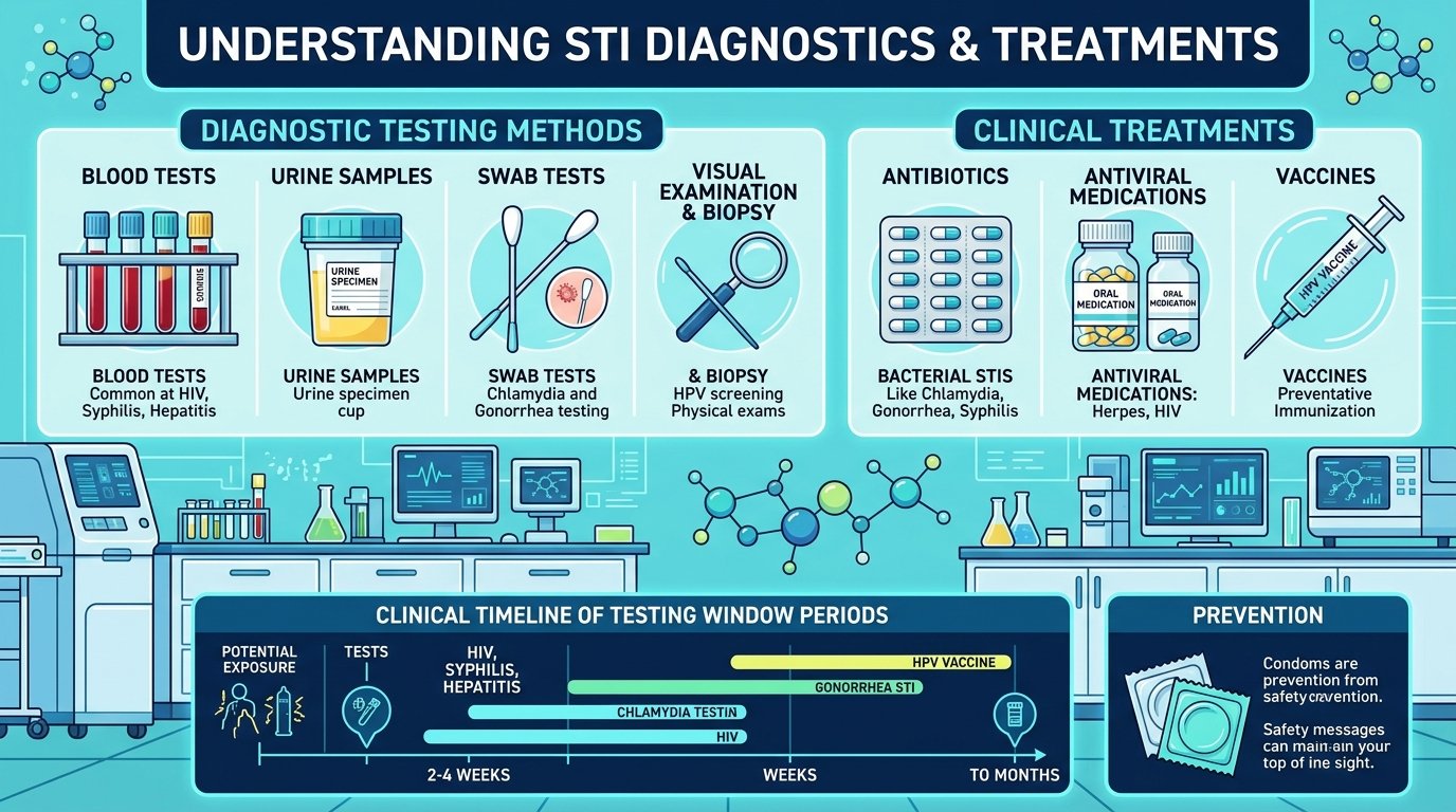 STI Diagnostic Testing & Clinical Treatment Pathways Understanding STI Diagnostics and Clinical Treatments: Blood tests, urine specimens, swab tests, antibiotics, antivirals, and timeline of window periods