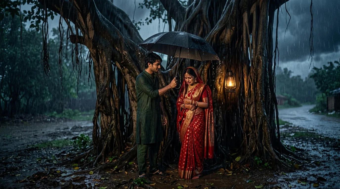 The Bride Who Could Not Die — Scene 3: Arjun in the Rain with the Weeping Bride - The Bride Who Could Not Die Horror Movie Scene Still 4K Wallpaper
