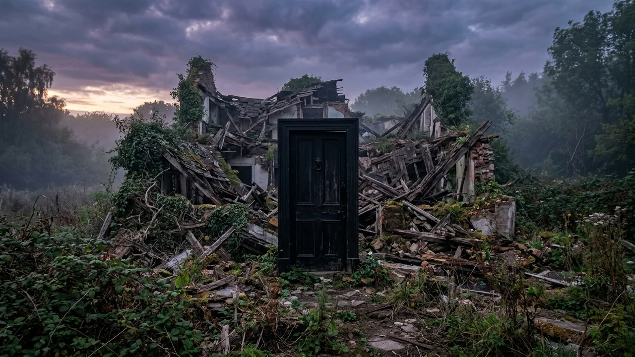 The Door to the Next World — Scene 5: The Lone Standing Door in the Ruins - The Door to the Next World Horror Movie Scene Still 4K Wallpaper
