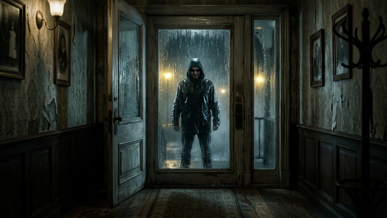 The Door to the Next World — Scene 3: The Doppelganger in the Rain - The Door to the Next World Horror Movie Scene Still 4K Wallpaper