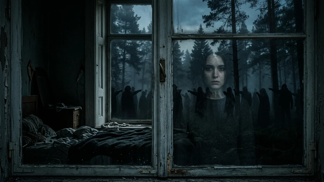 The House That Had No Morning — Scene 3: The Forest Crowd at the Window - The House That Had No Morning Horror Movie Scene Still 4K Wallpaper