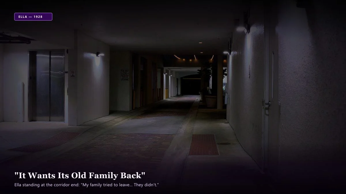 The House That Remembered — Scene 5: Ella Standing at the Corridor End - The House That Remembered Horror Movie Scene Still 4K Wallpaper