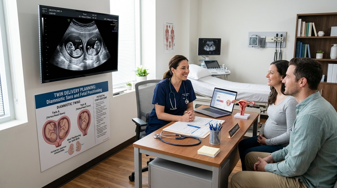 Twin pregnancy ultrasound scan and delivery planning consultation chart showing diamniotic twin sacs and Twin A vertex head-down position
