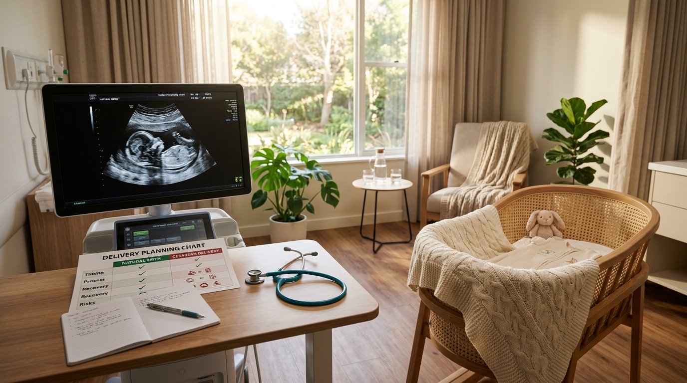 Vaginal vs C-section delivery planning chart comparing natural birth and cesarean delivery options in maternity hospital suite with ultrasound scan and newborn bassinet