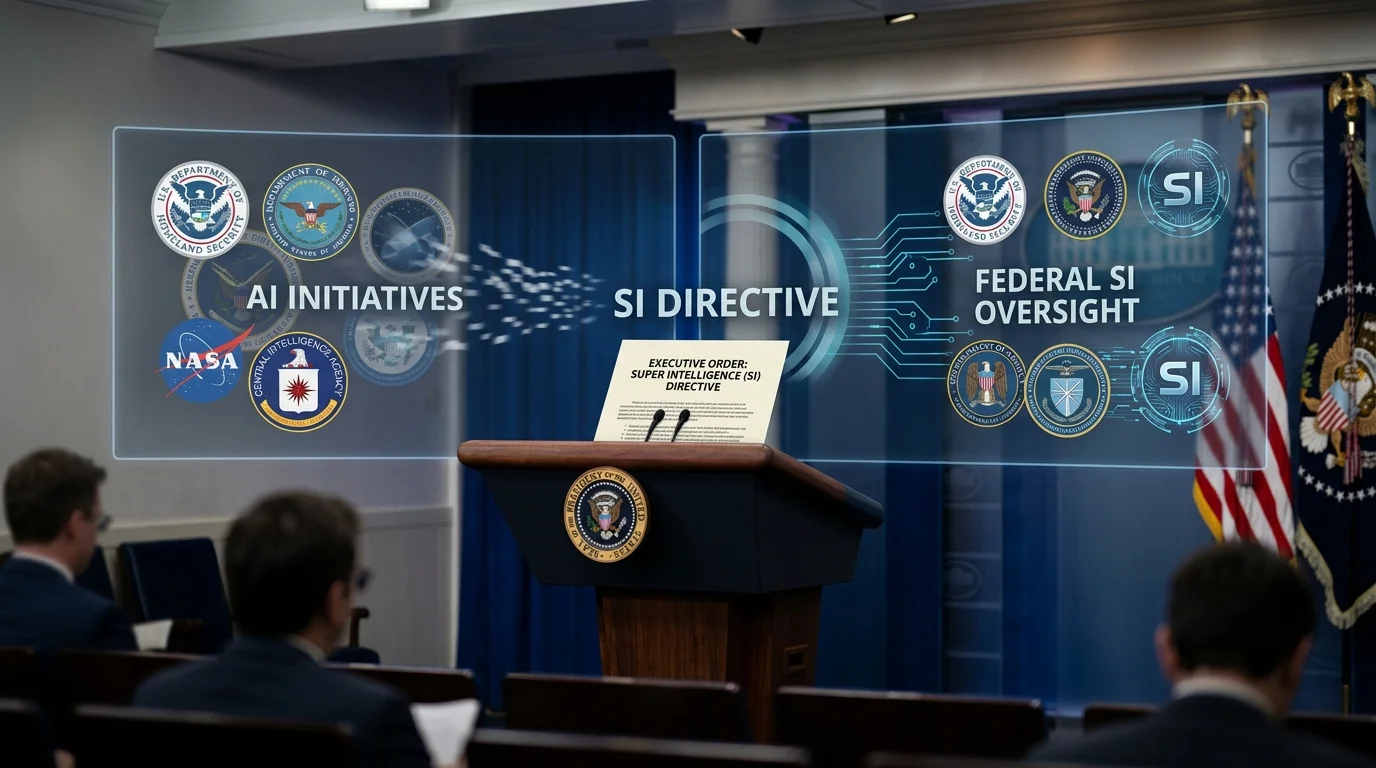 White House Press Briefing Podium Announcing Super Intelligence SI Directive